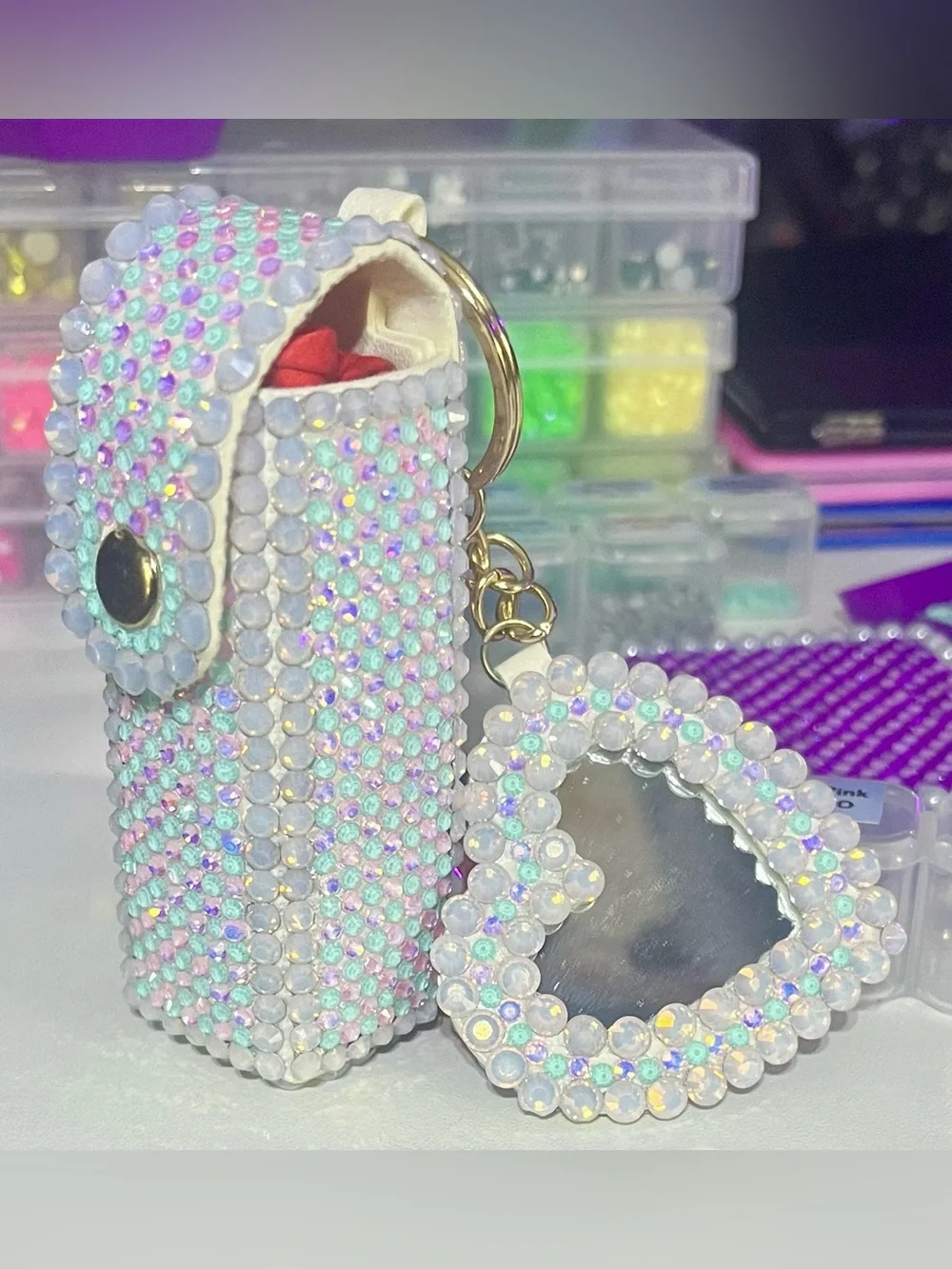 Hand Crafted Unicorn Dream Iridescent Crystal Lipstick Case and Mirror Keychain